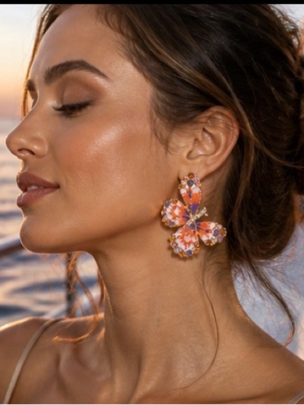Farm Rio Lele Sadoughi Style Crystal Butterfly Statement Earrings Resort Glam